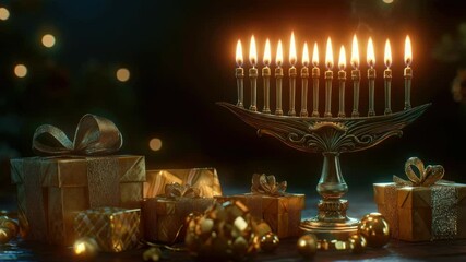 Golden menorah on dark surface with wrapped presents, festive holiday scene with illuminated candles