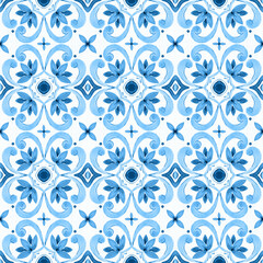 Seamless watercolor tile pattern in blue tones inspired by azulejo Portuguese ceramics. Ideal for elegant surface design, wall art, textiles, and wrapping paper.