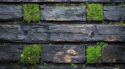 Dark wooden planks with patches of moss.