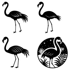 Four flamingo silhouettes in different styles isolated on white background