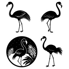 Four flamingo silhouettes in different styles isolated on white background