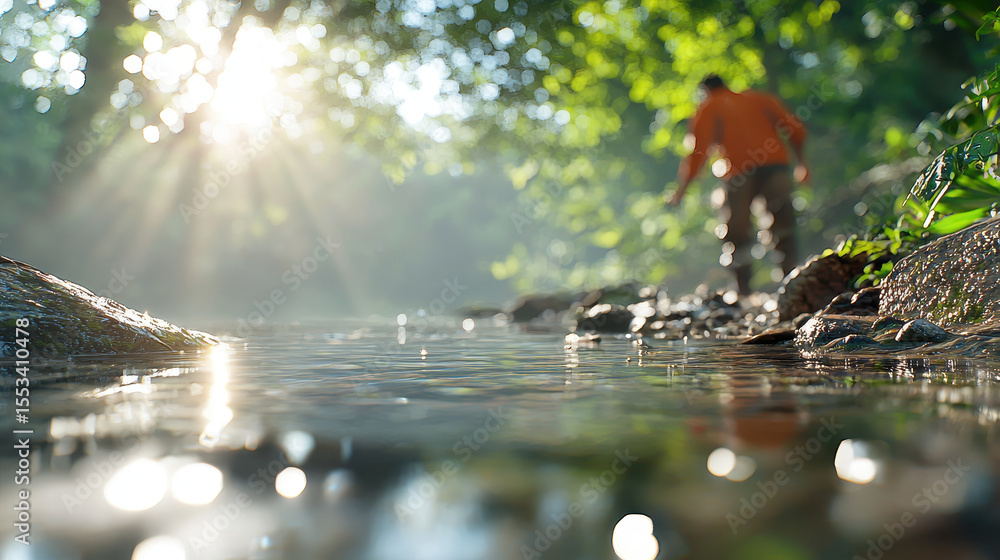 Poster serene scene of fisherman casting line into tranquil stream, surrounded by lush greenery and soft su