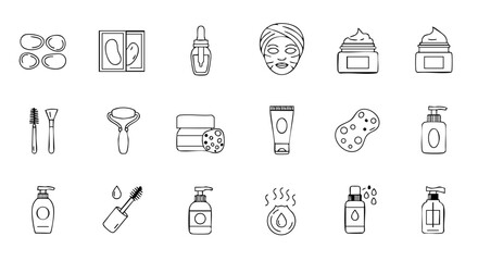 Fototapeta premium Face and Eye Care Icons in Outline Style, 15 Thin-Line Drawings