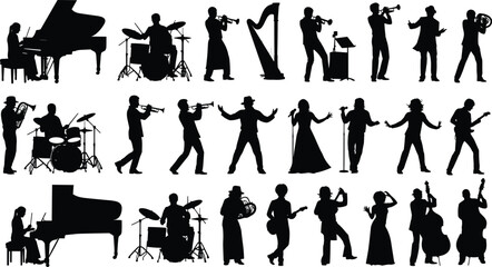 Silhouettes of musicians playing various instruments, diverse performance styles, orchestra and band members, musical artists, live concert scene illustration