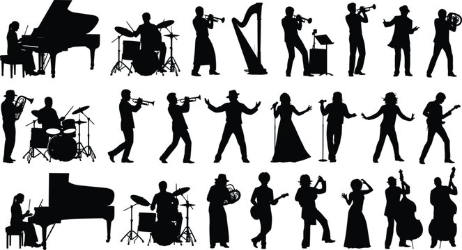 Silhouettes of musicians playing various instruments, diverse performance styles, orchestra and band members, musical artists, live concert scene illustration