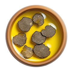 Black truffle slices in olive oil top view in wooden bowl, gourmet ingredient on transparent background, isolated for culinary design and commercial use