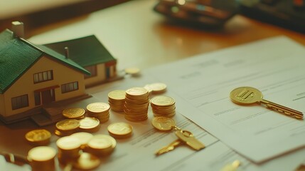 Property Investment: A detailed photo showing a model home, a collection of coins, keys, and some paperwork on a desk, capturing the essence of real estate investment.