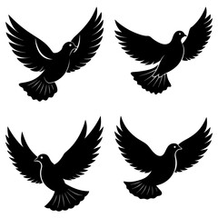 Four black doves flying isolated on white background in a simple design
