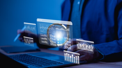 Futuristic Strategic Business Data Analysis Professional Leverages Cutting edge Technology Via Holographic Interface Vital Information Displayed Through Virtual Glass Enables Deep Analysis
