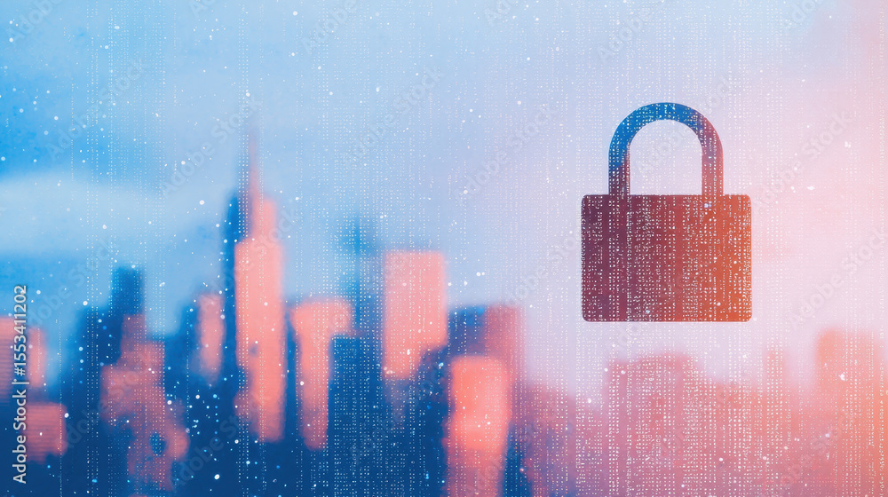 Poster city skyline with digital padlock symbolizing security and data protection, creating modern and secu