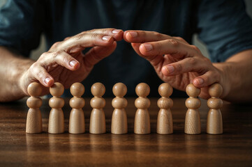A pair of hands forming a protective shield over several wooden figurines lined up on a table