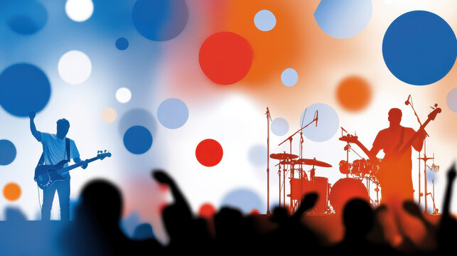 Vibrant concert stage with band performing, featuring colorful circles in background, creating energetic atmosphere - Powered by Adobe