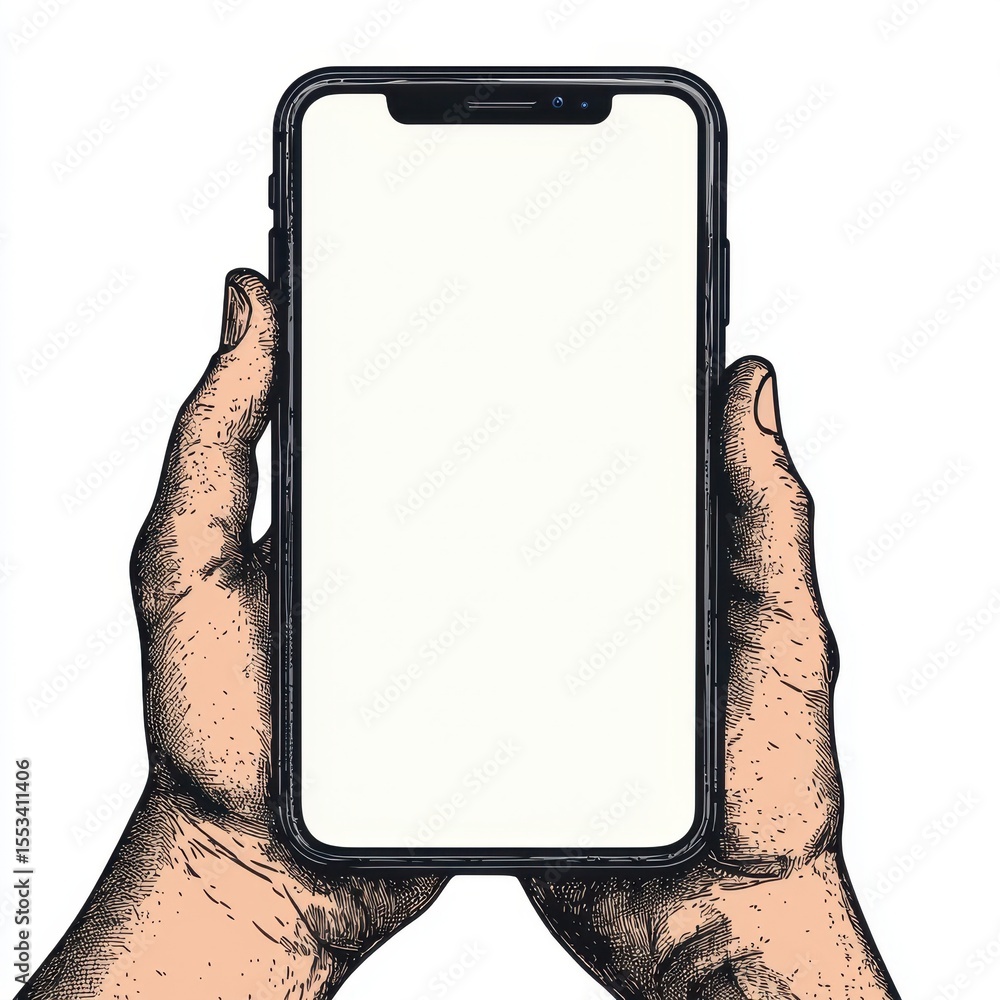 Poster hands holding a smartphone display with blank screen and wires