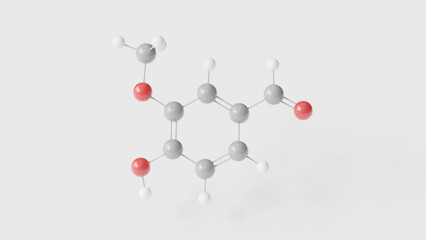 vanillin molecule 3d, molecular structure, ball and stick model, structural chemical formula flavoring agent