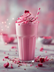 Pink milkshake with whipped cream and heart sprinkles in a tall glass

