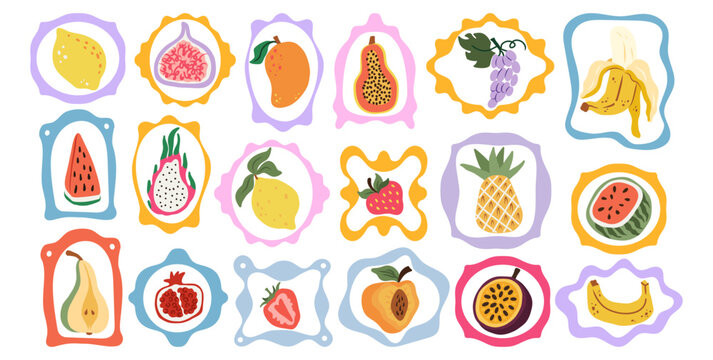 Hand drawn fruit collection in abstract frames. Colorful vector set with mango, banana, pineapple, strawberry, lemon, fig, watermelon, dragon fruit, pomegranate, peach, pear, grape, passion fruit.