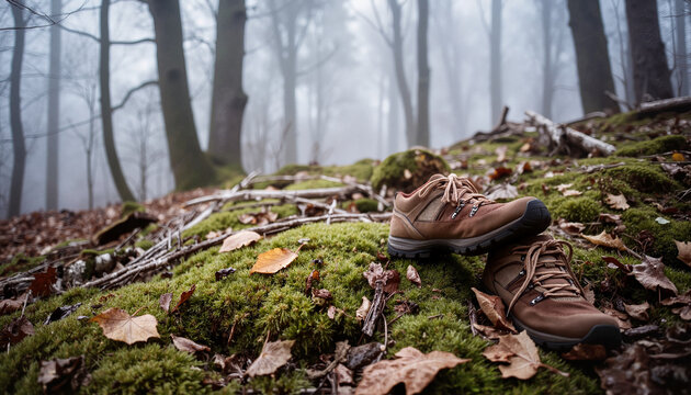 Hiking boots resting on mossy ground in foggy forest - Powered by Adobe