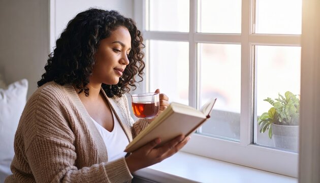 Young woman enjoying a cup of tea while reading a book by the window, with a lush green plant nearby - Powered by Adobe