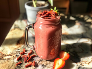 Healthy strawberry smoothie with goji berries, hemp seeds, and fresh herbs in mason jar on stone counter.

