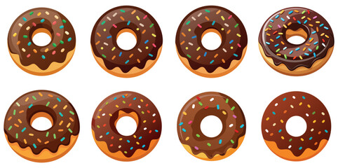 Obraz premium Eight chocolate glazed donuts with colorful sprinkles arranged vector illustrations on a white background