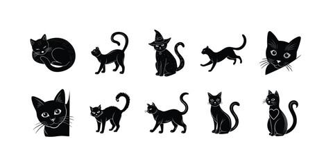 Black Cat Silhouettes Collection  Halloween Feline Vector Set