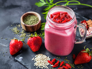 Healthy strawberry smoothie with goji berries, hemp seeds, and fresh herbs in mason jar on stone counter.

