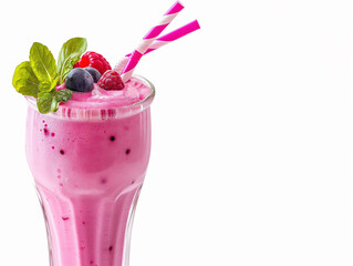 Pink Smoothie with Stripy Straw in Cocktail Glass on White Studio Background

