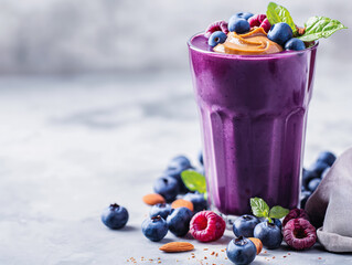 Creamy Blueberry Almond Smoothie in Clear Glass with Almond Butter and Berries

