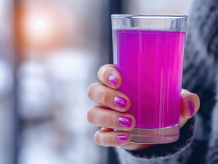 Woman’s Hand Holding Purple Cocktail with Orange Slice and Ice, Bokeh Background

