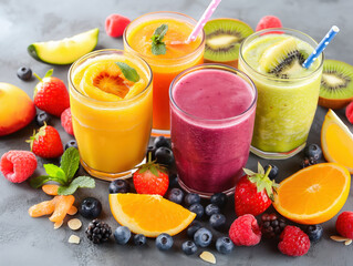 Glass of mixed berry fruit smoothie with fresh fruits on grey background