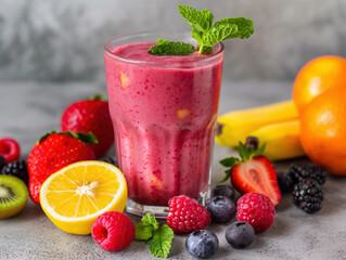 Glass of mixed berry fruit smoothie with fresh fruits on grey background