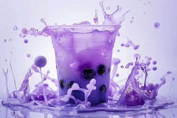 Purple bubble tea splashing with tapioca pearls on dynamic water splash background