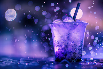 Purple bubble tea splashing with tapioca pearls on dynamic water splash background