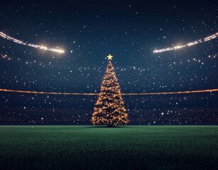 Snowy Christmas Tree on Soccer Field with Stadium Lights at Night
