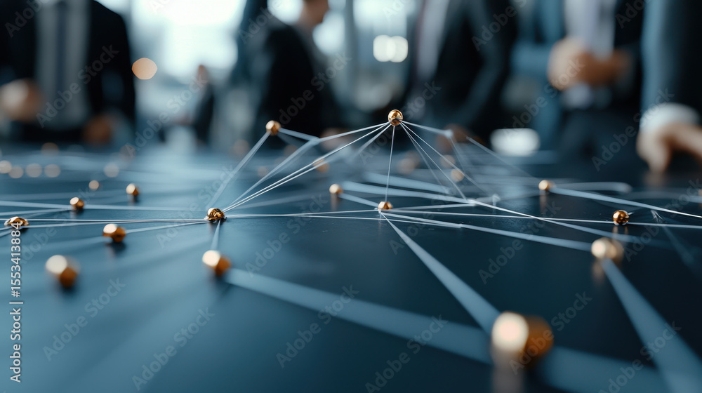 Poster closeup of digital network with interconnected nodes, symbolizing collaboration and innovation in po
