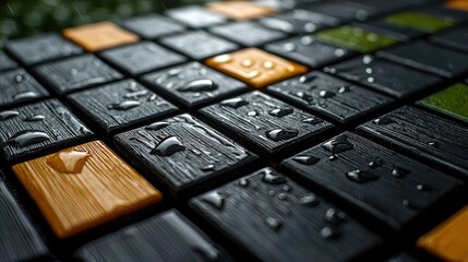 Close-up view of wet, square tiles with contrasting colors.