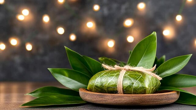 Leaf wrapped food parcel with twine on plate and festive background