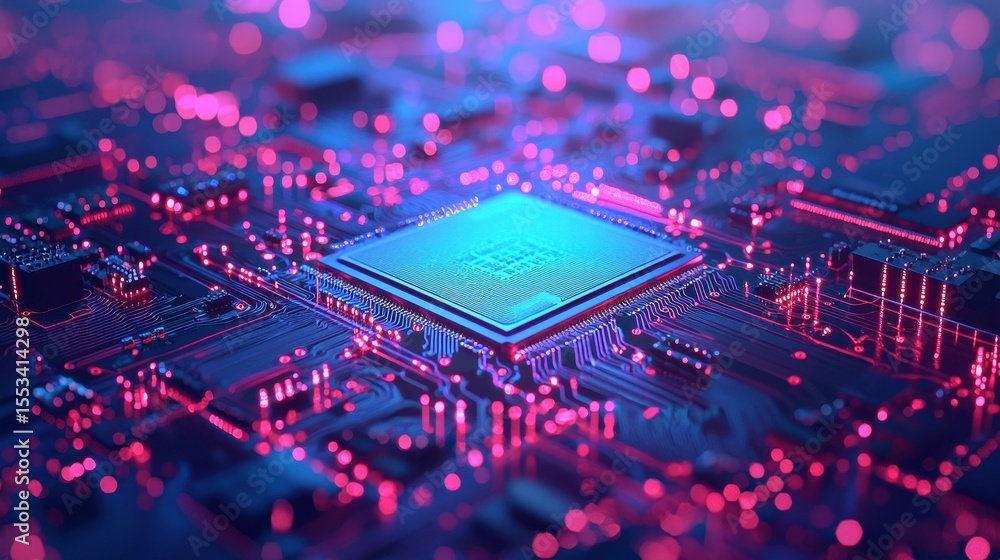 Wall mural futuristic circuit board with glowing lights and microprocessor design