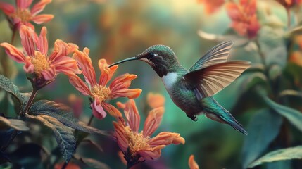 Naklejka premium Beautiful Hummingbird Hovering Over Vibrant Orange Flowers in a Lush Garden at Sunrise with Soft Light and Delicate Petals