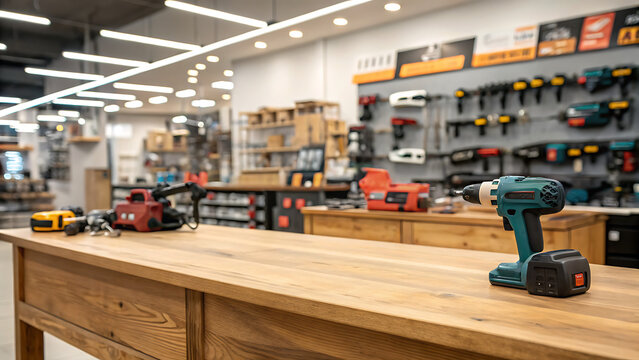 Shop for selling electric tools. Drills, screwdrivers, electric saws, grinder. Defocused, blurred image. 
In the foreground is the top of a wooden table, counter. with copy space image.