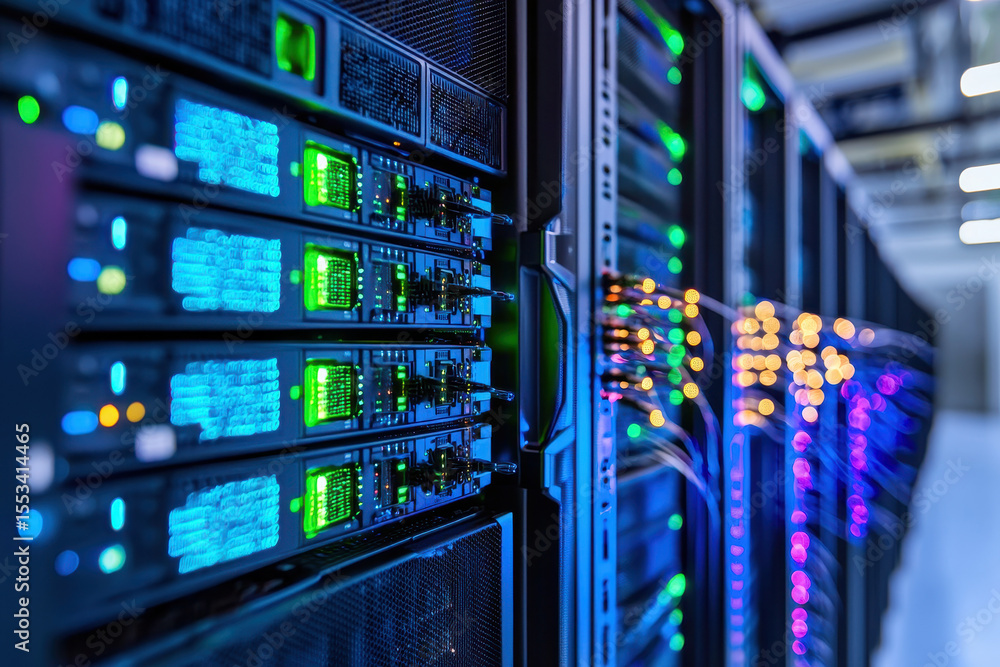 Aufkleber high tech data servers with illuminated lights in modern data center, showcasing advanced telecommun