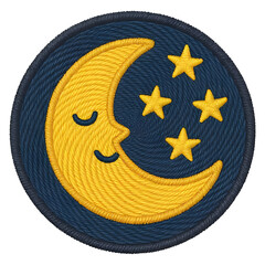 Embroidery patch of crescent moon with five stars on transparent background