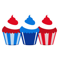 Three festive cupcakes in red white and blue colors