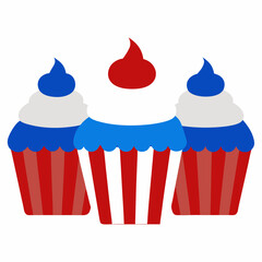 Three festive cupcakes decorated in red white and blue colors
