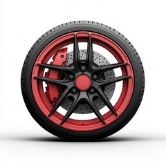 Black and Red Sport Car Wheel with Brake Disc Isolated on White Background