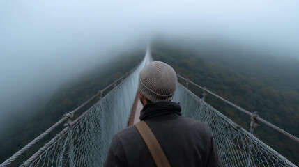A man walking on a suspended bridge.