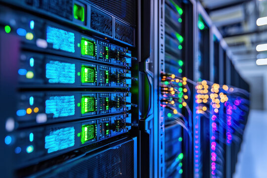 High tech data servers with illuminated lights in modern data center, showcasing advanced telecommunication technology - Powered by Adobe
