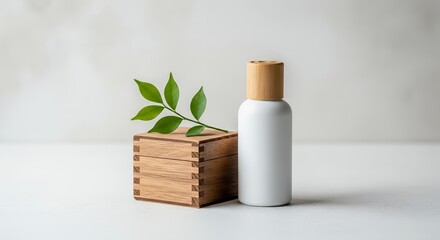 White Bottle on Wood with Green Leaf Against White Background