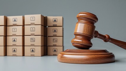 Legal Logistics Gavel and Shipping Boxes Symbolizing Commercial Law, Trade Regulations, and Supply Chain Disputes