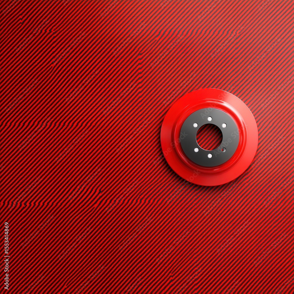 Poster red circular object on textured surface with black and gray details